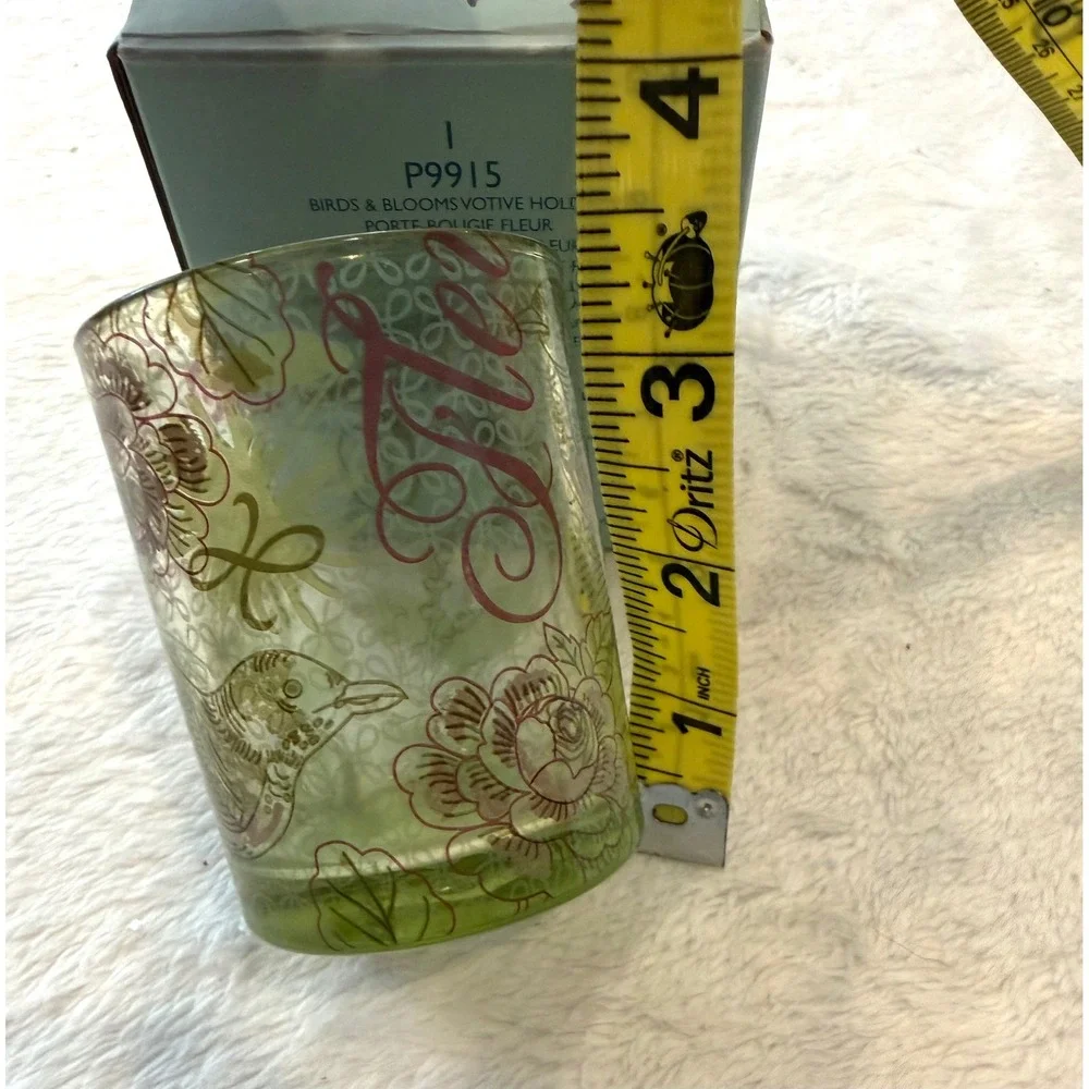 PartyLite Birds‎ & Blooms Votive Holder Green Glass Floral Bird P9915 3.5 Inch